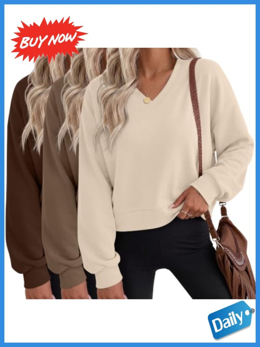 Women's Cropped V-Neck Fleece Sweatshirts 3 Pack Long Sleeve